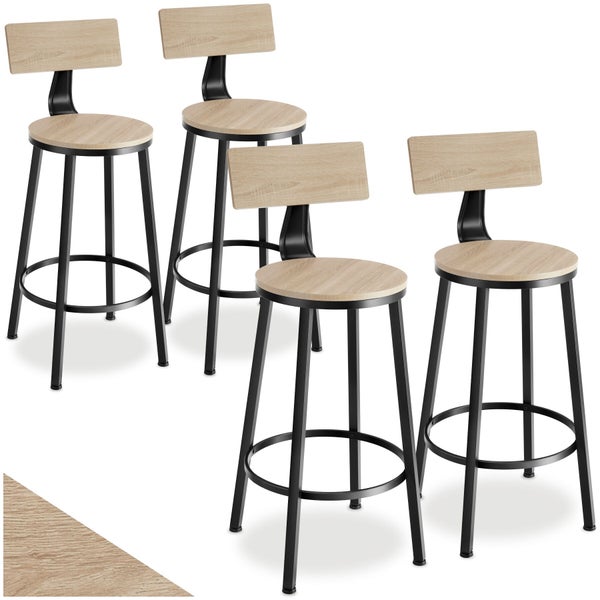 Set aus vier Barhockern mit runden Holzsitzen, rechteckigen Rückenlehnen und schwarzem Metallgestell.
