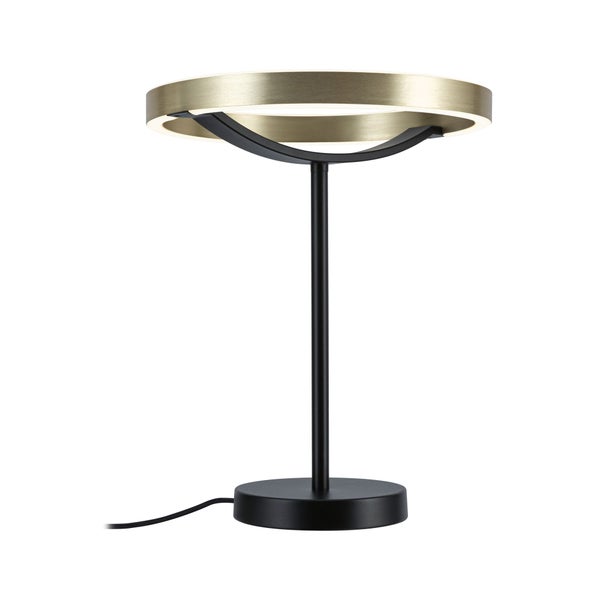 Moderne LED-Tischleuchte mit schwarzem Fuß und Gestell sowie einem ringförmigen Lampenschirm in Messingoptik.