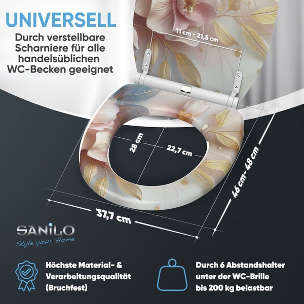 Sanilo WC-Sitz mit Blumenmuster und Größenangaben