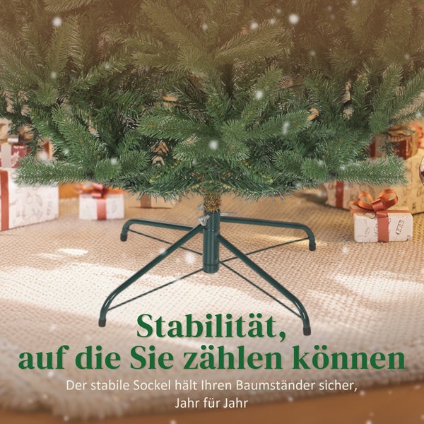 Stabiler Christbaumständer aus Metall mit vier Füßen für einen sicheren Halt, unter einem künstlichen Weihnachtsbaum mit Geschenken im Hintergrund.