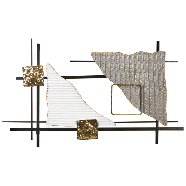 Wanddekoration mit geometrischen Formen an einem schwarzen Metallrahmen