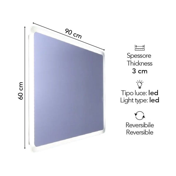 Rechteckiger LED-Badspiegel, 90 mal 60 Zentimeter, Tiefe 3 Zentimeter, wendbar.