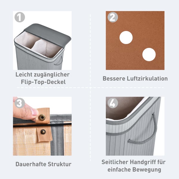 HOMCOM Bambus Wäschekorb schmal mit Deckel 100 L Wäschesammler mit Griffen, herausnehmbarer Wäschesack, Laundry Baskets für Waschküche Schlafzimmer Badezimmer Grau