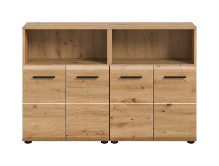 Sideboard in Eichenoptik mit vier Türen, schwarzen Griffen und zwei offenen Fächern.