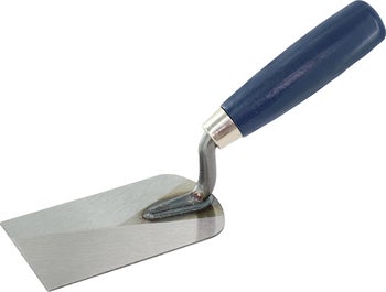 Eine kleine Maurerkelle mit einem rechteckigen Blatt aus Edelstahl und einem ergonomischen Griff für präzise Maurerarbeiten.