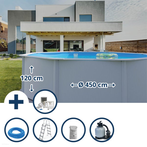 Aufstellpool mit den Maßen 120 cm Höhe und 450 cm Durchmesser sowie Zubehör