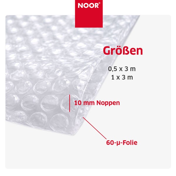 Noor Luftpolsterfolie mit 10 Millimeter Noppen und 60 Mikrometer Foliendicke in verschiedenen Größen.