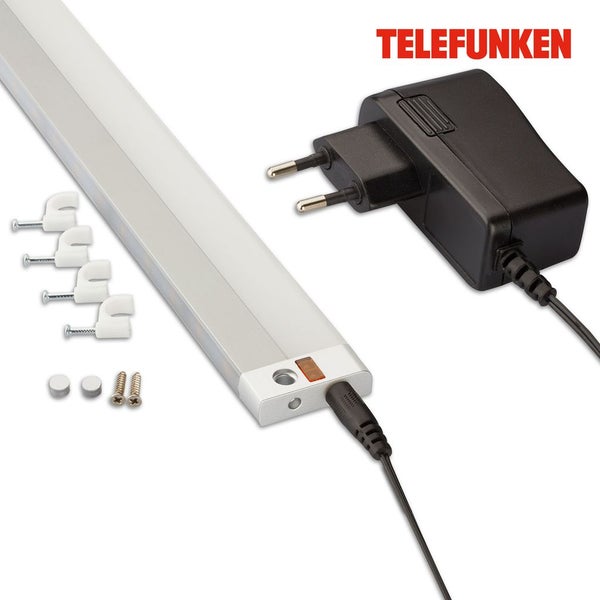 Silberne LED-Unterbauleuchte von Telefunken mit schwarzem Netzteil, Montagematerial und Telefunken Logo.