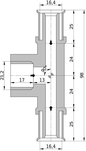Technische Zeichnung eines T-Stücks für Rohre mit Maßangaben in Millimetern, einem 90 Grad Winkel und einer Gesamtlänge von 98.