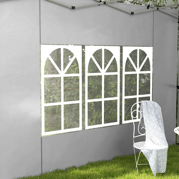 Graue Seitenwand für Faltpavillon mit drei Rundbogenfenstern aus Kunststoff auf einer Rasenfläche.