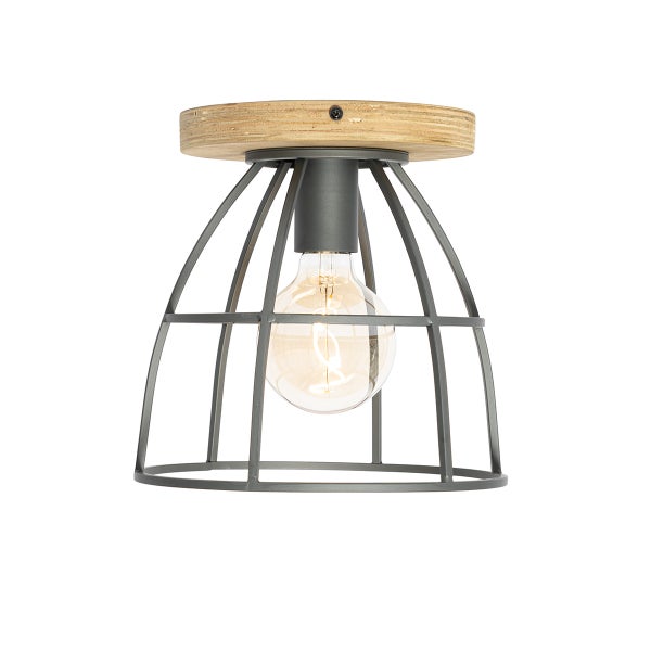 Deckenleuchte im Industrie Design mit Metallgitter Schirm und Holzelement