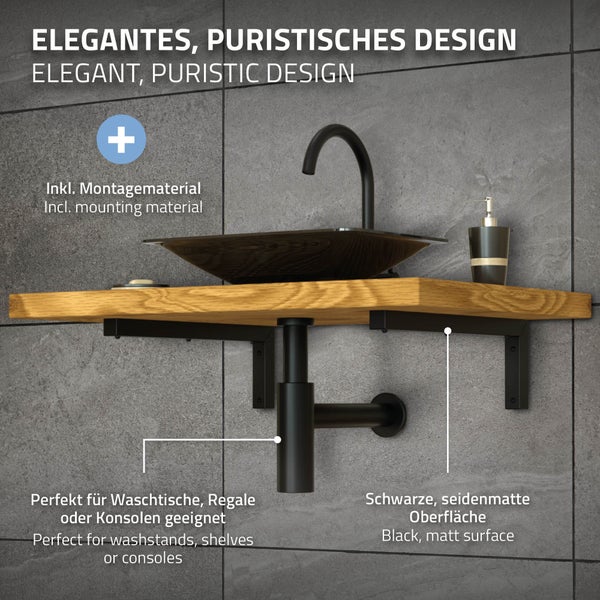 ML-Design 2er Set Wandkonsole Winkel L-Form für Waschtisch, 300x150 mm Schwarz Stahl, Design Waschtischhalterung, Wandhalterung für Waschtischplatte Waschbecken, Konsolenträger Regalträger Regalhalter