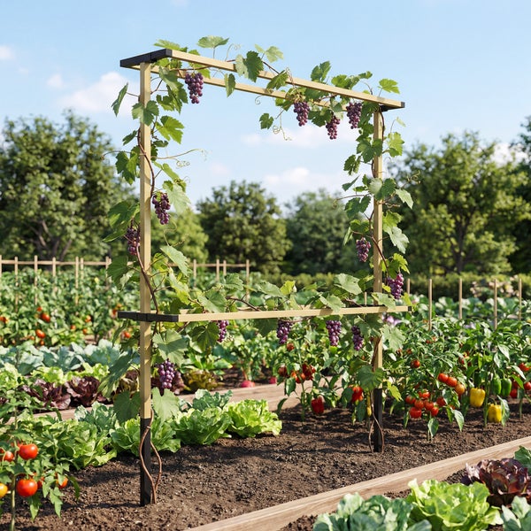 Rechteckige Rankhilfe aus hellem Metall in einem hellen Gemüsegarten mit Weintrauben, Tomaten und Salat in Hochbeeten.