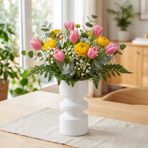 Ein Blumenstrauß mit Tulpen und Ranunkeln in einer weißen, strukturierten Keramikvase auf einem Holztisch in einem hellen Wohnraum.