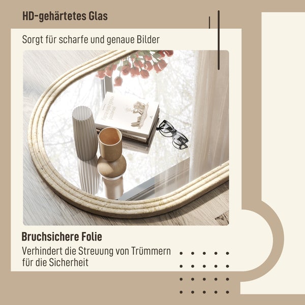Ovaler Wandspiegel mit strukturiertem Rahmen, High-Definition-gehärtetem Glas und bruchsicherer Folie.