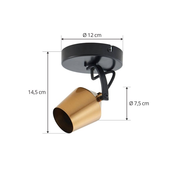 Deckenstrahler mit den Maßen Durchmesser 12 cm, Höhe 14,5 cm und Tiefe 7,5 cm.