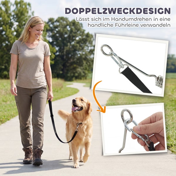 Eine Frau geht mit einem Golden Retriever an einer schwarzen Hundeleine spazieren, die sich in eine kurze Führleine verwandeln lässt.