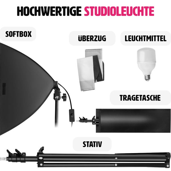 Studioleuchte Set bestehend aus einer Softbox, einem Stativ, einem Leuchtmittel, einem Überzug und einer Tragetasche.