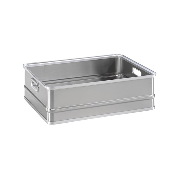 Offene Aluminiumbox mit seitlichen Tragegriffen für Transport und Lagerung.