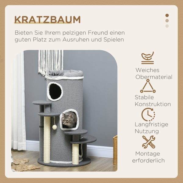 PawHut Katzen Kratztonne 99 cm Spieltonne Kratzbaum Katzenbaum mit Katzenbett, Spielball, Plattformen, Katzenkratzbaum mit 3 Türen, Katzenmöbel, Grau