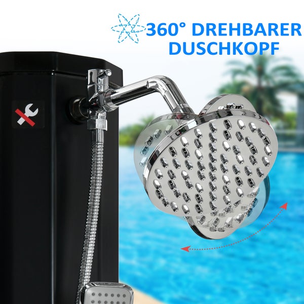 Outsunny Solardusche 35 L, 0-55 ℃ warmes Wasser Camping Pooldusche mit Wasserhahn und Regenduschkopf, 17,5 x 14,5 x 216 cm, Kunststoff, ABS, Schwarz