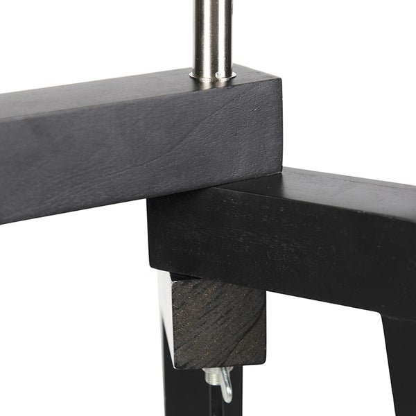 Detailansicht eines höhenverstellbaren Holzgestells mit Metallstange und Flügelschraube zur Fixierung