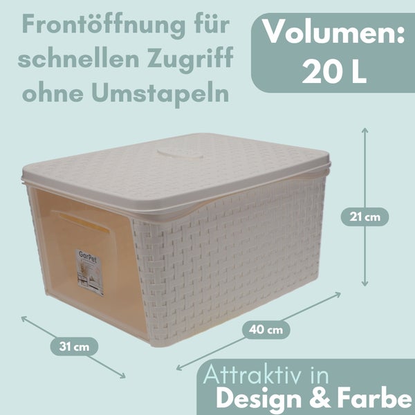 Aufbewahrungsbox mit Deckel, Frontöffnung, 20 Liter Fassungsvermögen, 40 x 31 x 21 Zentimeter