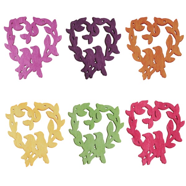 Dekorative Holzfiguren mit Vogelmotiv und herzförmigem Blätterkranz
