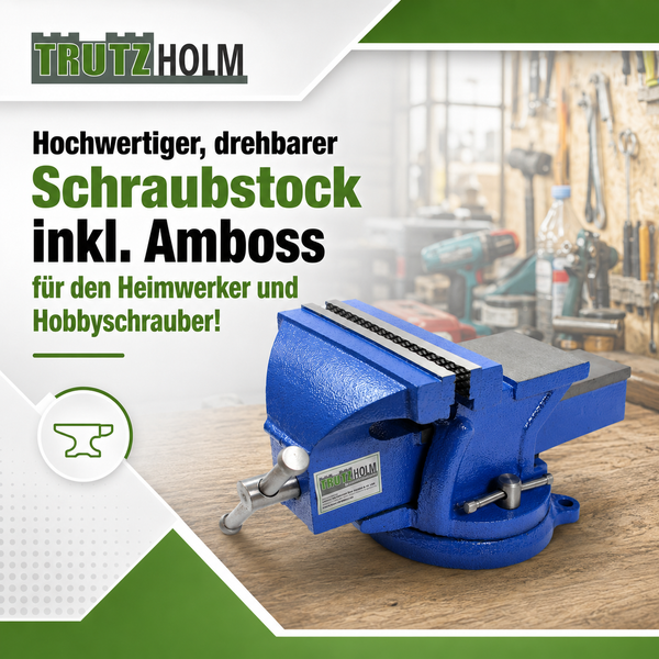 Drehbarer Trutzholm Schraubstock mit Amboss auf einer Werkbank in der Werkstatt.