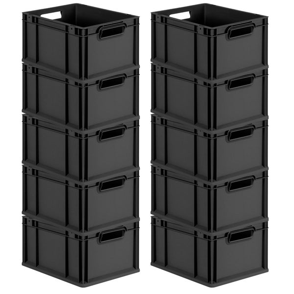 PROREGAL SparSet 10x Eurobox NextGen Grip, HxBxT 22x30x40cm, 20 Liter, Griffe offen, Schwarz, Eurobehälter, Transportbox, Transportbehälter, Stapelbehälter