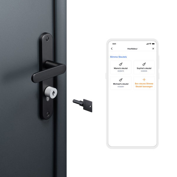 Smartes Türschloss mit Smartphone Steuerung und Schlüssel zur digitalen Zutrittskontrolle an einer Tür montiert.