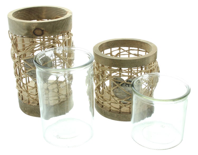 FRANK FLECHTWAREN | Windlicht Verflochtenes Herz, 2er Set, PINIE, PAPIER, GLAS, BIRKE, Ø 12,5 x 12 cm, Ø 12,5 x 20 cm