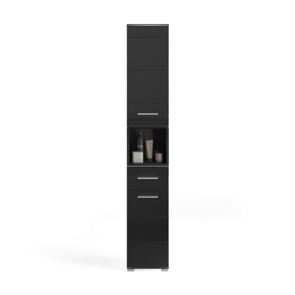 Schmaler hoher Badezimmer-Hochschrank in Schwarz mit silberfarbenen Griffen und einem offenen Regalfach.