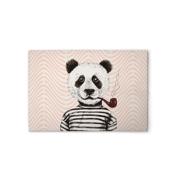 Dekorationstafel mit Panda Motiv, der eine Pfeife raucht und ein gestreiftes Shirt trägt