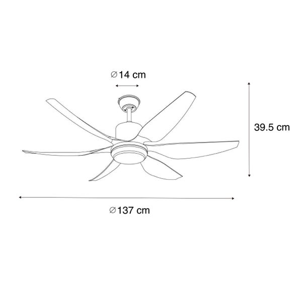 Technische Zeichnung eines Deckenventilators mit sieben Flügeln. Durchmesser 137 Zentimeter, Höhe 39,5 Zentimeter, Baldachin 14 Zentimeter.