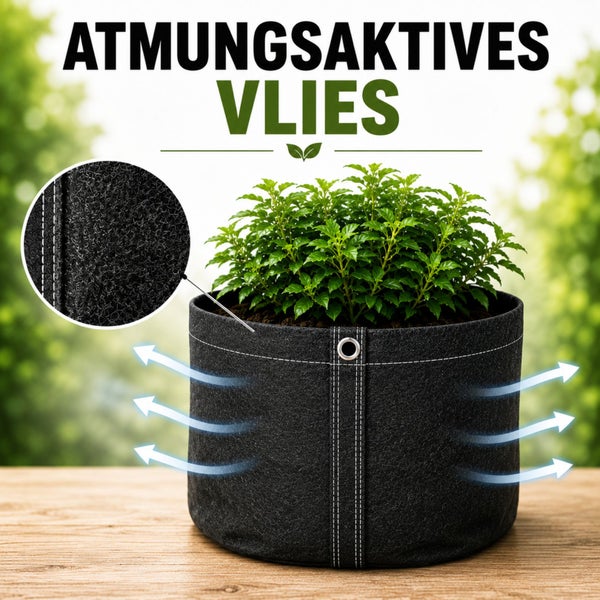 Pflanzsack aus atmungsaktivem Vlies mit Darstellung der Luftzirkulation und Detailansicht des Gewebes.