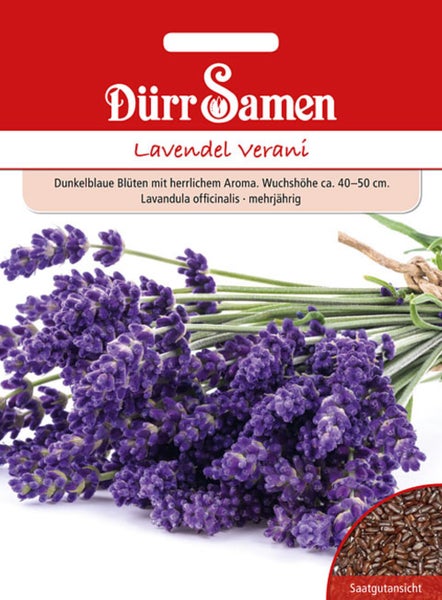 Samentüte für Lavendel Verani von Dürr Samen mit Abbildung von Lavendelblüten und Saatgutansicht, mehrjährig.