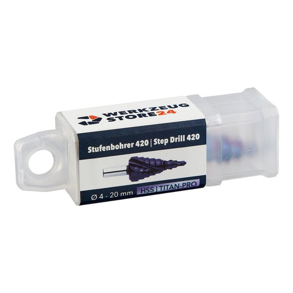 Werkzeug Store24 Logo. Stufenbohrer 420 aus HSS Titan-Pro, Durchmesser 4 bis 20 Millimeter in Verpackung.