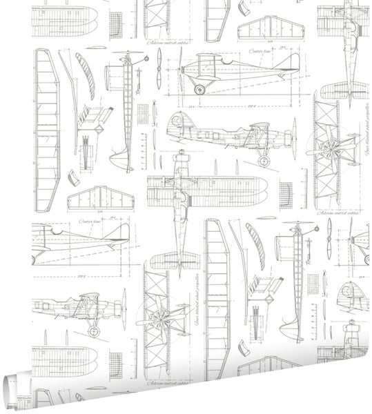ESTAhome Tapete Kontruktionszeichnungen von Flugzeugen Weiß - 53 cm x 10.05 m - 128812