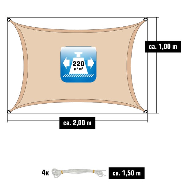 Sandfarbenes rechteckiges Sonnensegel circa 2,00 mal 1,00 Meter, 220 Gramm pro Quadratmeter, inklusive 4 Seilen von circa 1,50 Meter Länge.