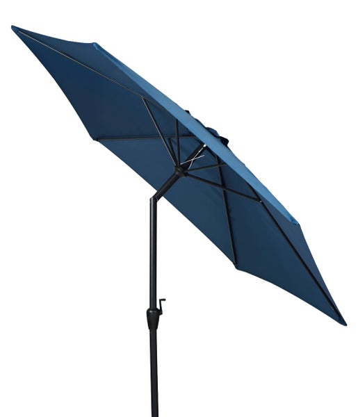 Blauer Sonnenschirm mit Kurbel und Knickgelenk, Schirm aus Stoff mit schwarzem Metallgestänge.