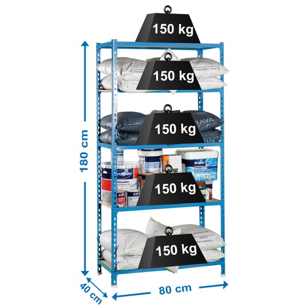 PROREGAL Schwerlastregal Muli HxBxT 180 x 80 x 40 cm 5 Fachböden Fachlast 150 kg Blau