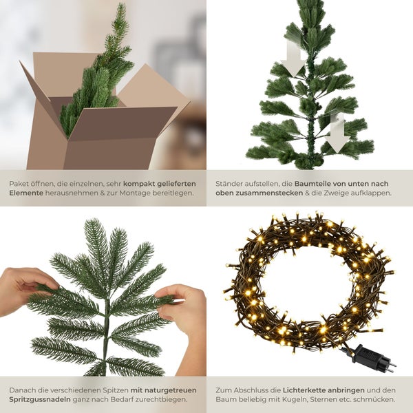 Montageanleitung für einen künstlichen Weihnachtsbaum in vier Schritten: Auspacken, Zusammenstecken, Zweige ausrichten und Lichterkette anbringen.
