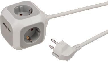 Würfelförmige Steckdosenleiste mit USB-Anschlüssen und Stecker