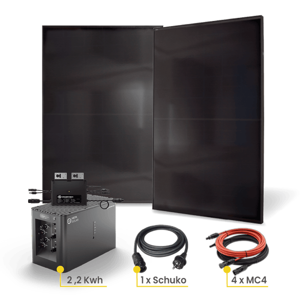 Komplettes Balkonkraftwerk mit zwei Solarmodulen, Wechselrichter, Schukostecker und MC4 Stecker