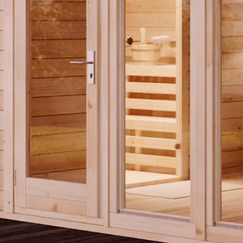 FinnTherm Saunahaus Genf-70 Gartensauna 4 Sitzbänke aus Holz, Sauna mit 70 mm Wandstärke, Außensauna mit Montagematerial, Naturbelassen 5,9x3,3m