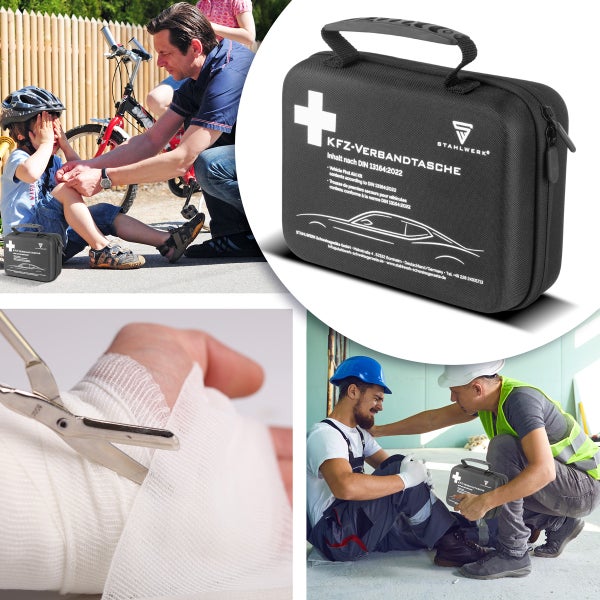Mehrere Szenen zeigen die Verwendung eines Auto-Verbandskastens mit der Aufschrift Stahlwerk. Zu sehen sind unter anderem eine Person, die einem Kind nach einem Fahrradunfall hilft, die Versorgung einer Hand mit einer Bandage und zwei Bauarbeiter, von denen einer den anderen verarztet.