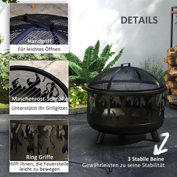 Outsunny Feuerschale Ø61 x 55cm aus Metall Feuerstelle mit Funkenschutz Schürhaken Grillrost Feuerschalen für Garten, Balkon Terrasse, BBQ Camping Schwarz