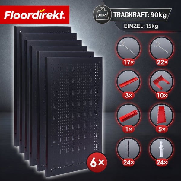 Floordirekt Werkzeugwand-Set mit 6 Lochplatten aus Metall, inklusive verschiedener Haken und Halter, Gesamttragkraft 90 Kilogramm.
