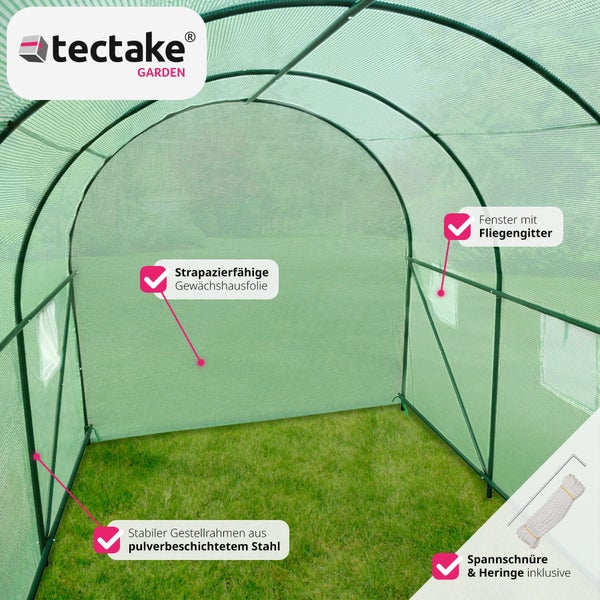 Innenansicht des Gewächshauses von Tectake Garden mit robustem Rahmen aus pulverbeschichtetem Stahl, strapazierfähiger Gewächshausfolie, Fenster mit Fliegengitter, Spannschnüre und Heringe inklusive